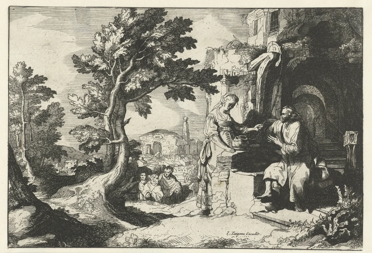 Christ and the woman of Samaria among ruins by anonymous, print, 1634-1690