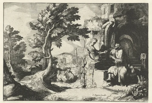 Christ and the woman of Samaria among ruins by anonymous, print, 1634-1690