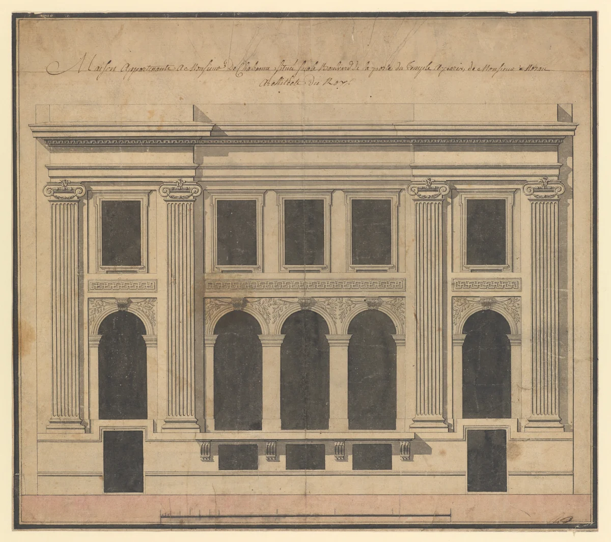 Façade of the Hôtel de Chavannes, Paris (recto); Plan of a Circular Room (verso) by Pierre Louis Moreau Desproux, drawing, 1740-1793