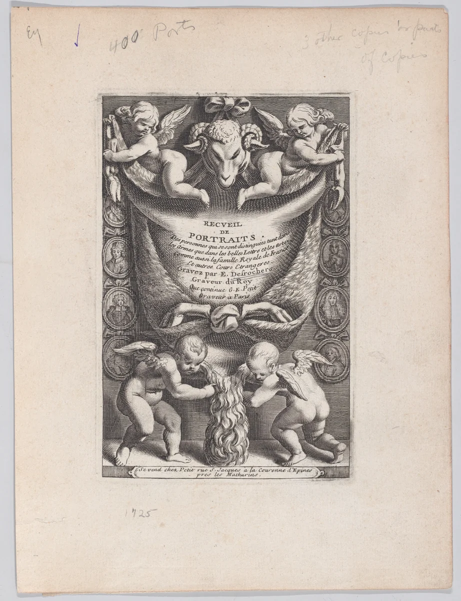 Frontispiece from "Collection of Portraits" by Etienne Jehandier Desrochers, print, 1714-1741