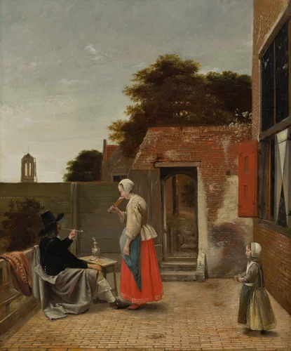 A Man Smoking and a Woman Drinking in a Courtyard by Pieter de Hooch, painting, 1658