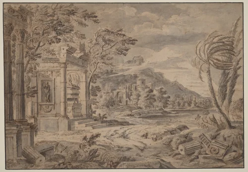 Antique Ruins along a Mountain Coast by Johann Franciscus Ermels, drawing, 1621-1693