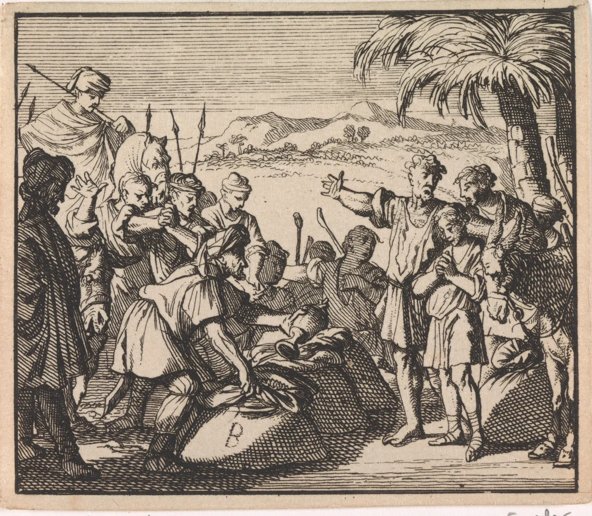 Jozefs beker gevonden in de graanzak van Benjamin by Caspar Luyken, print, 1698
