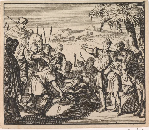 Jozefs beker gevonden in de graanzak van Benjamin by Caspar Luyken, print, 1698