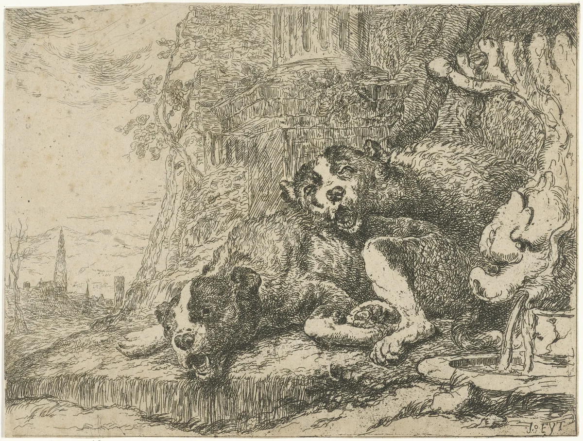 Twee liggende honden by anonymous, print, 1642-1711
