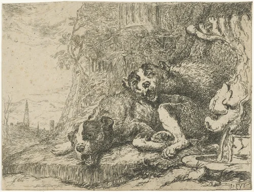 Twee liggende honden by anonymous, print, 1642-1711