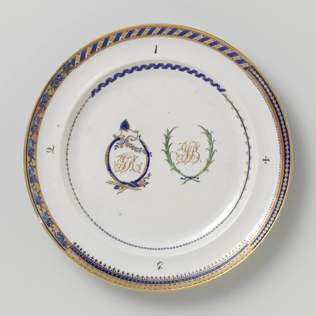 Pattern sample plate with two monograms and four numbered border desings by anonymous, other, 1790-1795