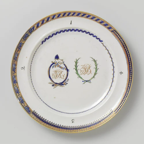 Pattern sample plate with two monograms and four numbered border desings by anonymous, other, 1790-1795