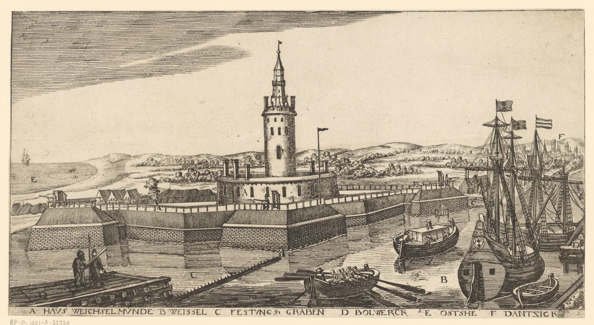Gezicht op fort Weichselmünde by Aegidius Dickmann, print, 1625