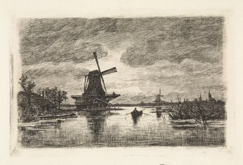 Landschap met twee molens en een roeiboot by Elias Stark, print, 1886