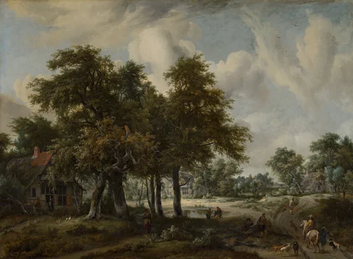 Wooded Landscape with Cottages by Meindert Hobbema, painting, 1665