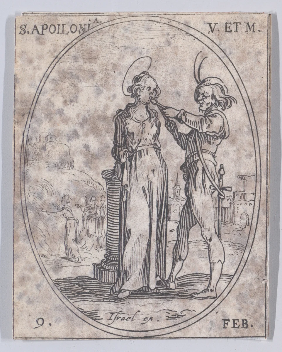 S. Apolline, vierge et martyre (St. Apollonia, Virgin and Martyr), February 9th, from "Les Images De Tous Les Saincts et Saintes de L'Année" (Images of All of the Saints and Feast Days of the Year) by Jacques Callot, print, 1636