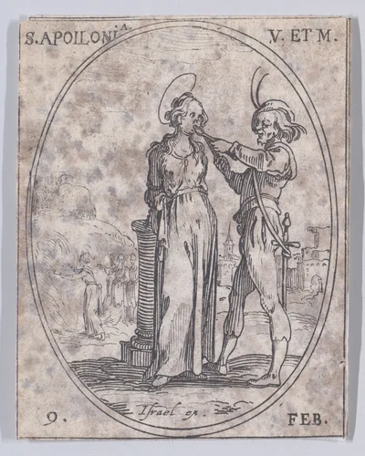 S. Apolline, vierge et martyre (St. Apollonia, Virgin and Martyr), February 9th, from "Les Images De Tous Les Saincts et Saintes de L'Année" (Images of All of the Saints and Feast Days of the Year) by Jacques Callot, print, 1636