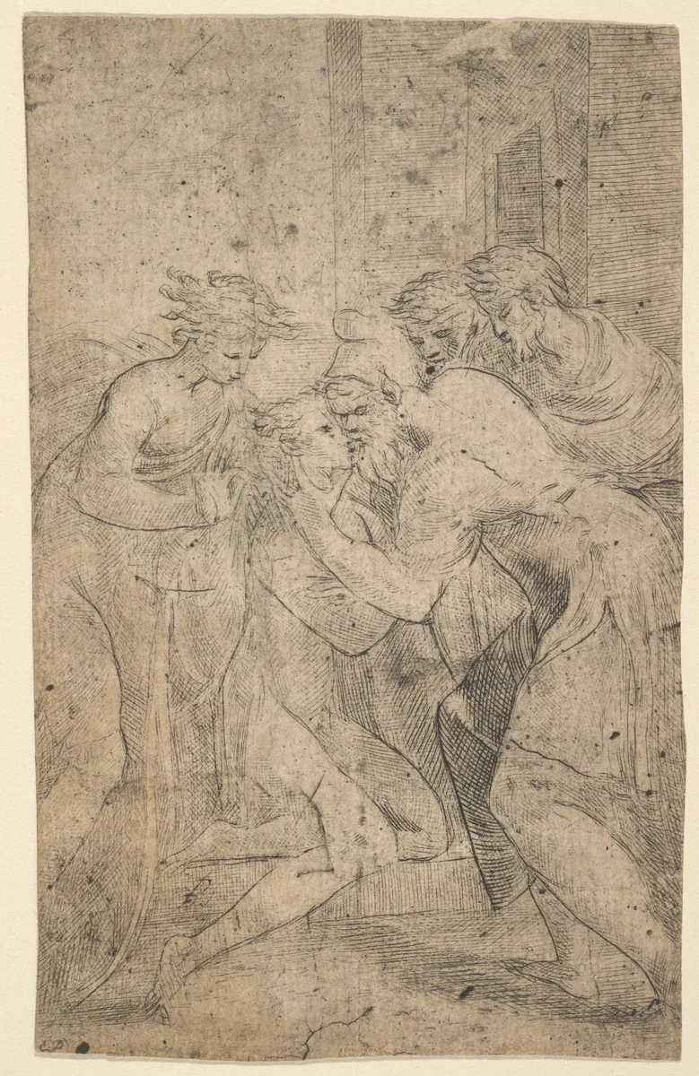 The return of the prodigal son who falls at his father's feet by Andrea Schiavone, print, 1531-1541
