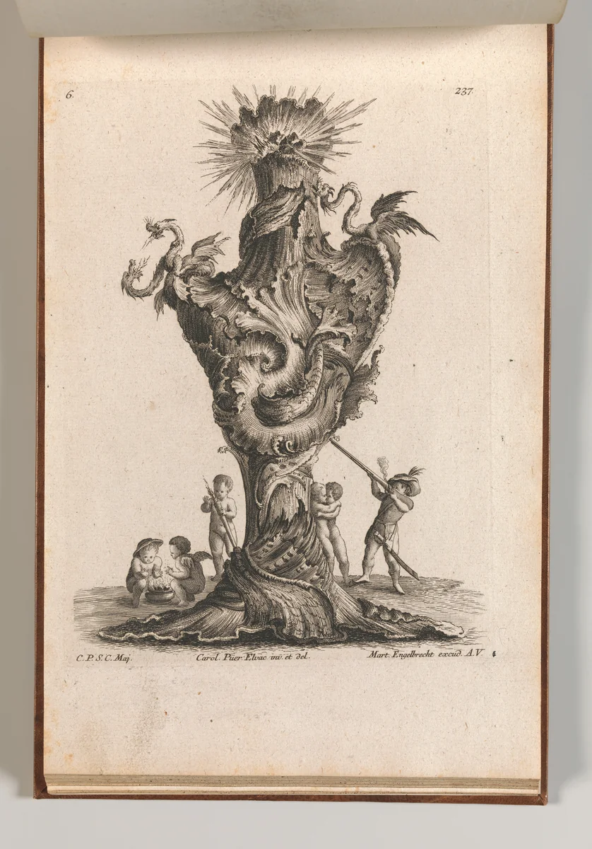 Design for a large Vase representing 'Fire', Plate 6 from: 'Neu inventierte Vasi auf die neueste manier' by Jacob Gottlieb Thelot, book, 1745-1755