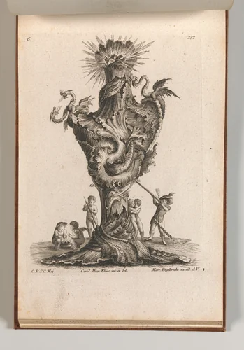 Design for a large Vase representing 'Fire', Plate 6 from: 'Neu inventierte Vasi auf die neueste manier' by Jacob Gottlieb Thelot, book, 1745-1755