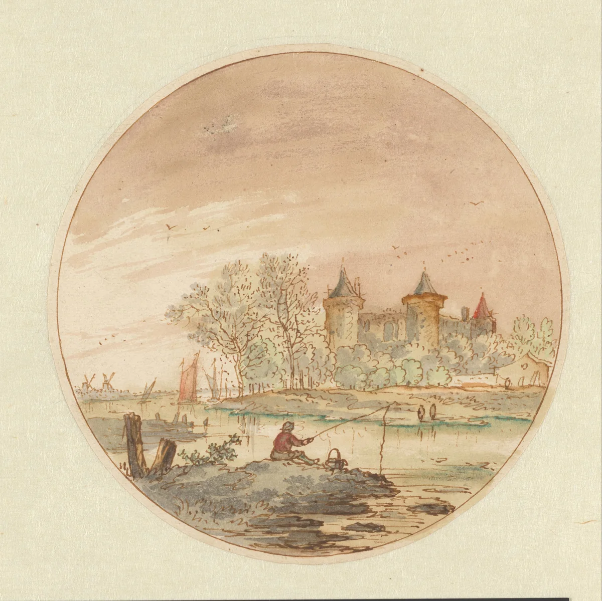 Landschap met een hengelaar en een kasteel by Aarnout ter Himpel, drawing, 1644-1686