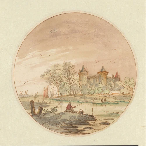 Landschap met een hengelaar en een kasteel by Aarnout ter Himpel, drawing, 1644-1686