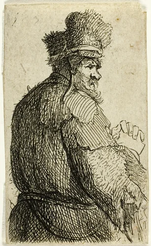 Old Man Seen from Behind, Profile Right: Half-Figure by Rembrandt van Rijn, print, 1624-1634