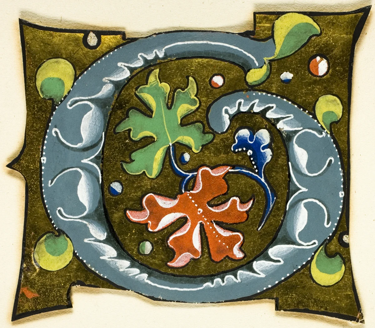 Decorated Initial "G" in Grey with Red, Green and Blue Leaves from a Manuscript by European, painting, 1301-1400