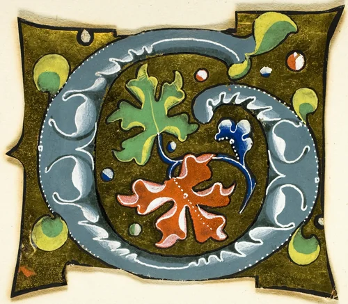 Decorated Initial "G" in Grey with Red, Green and Blue Leaves from a Manuscript by European, painting, 1301-1400