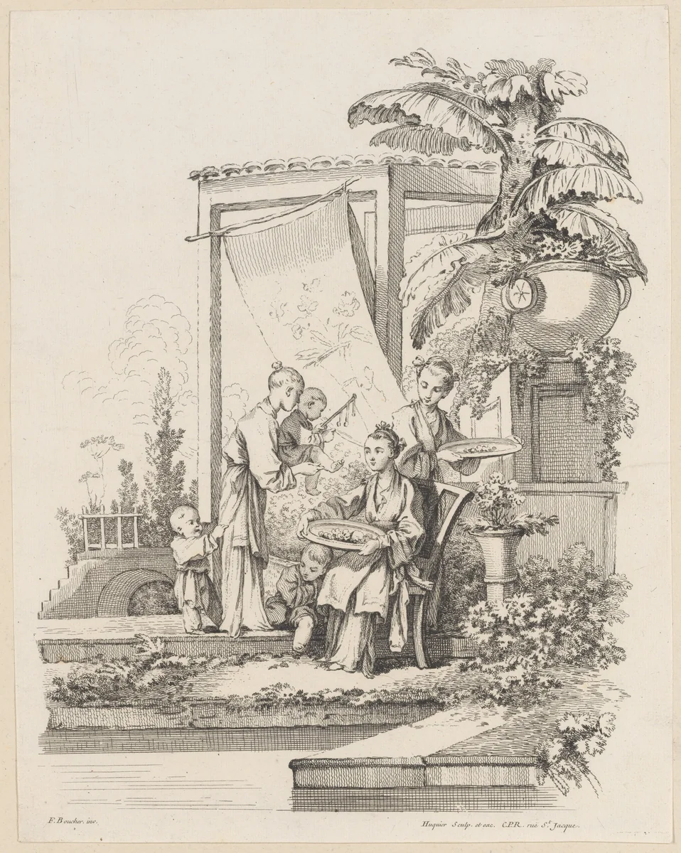 Seated Woman with Children and Servants by Gabriel Huquier, print, 1733-1743