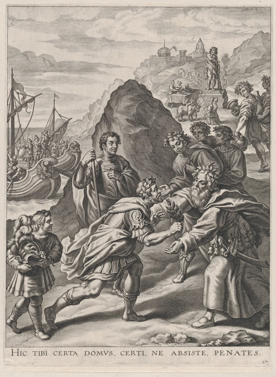 Plate 17: Aeneas welcomed by King Euandrus in Italy; from Guillielmus Becanus's 'Serenissimi Principis Ferdinandi, Hispaniarum Infantis...' by Cornelis Galle, print, 1636