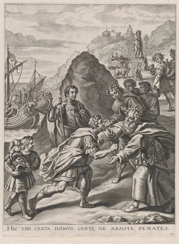 Plate 17: Aeneas welcomed by King Euandrus in Italy; from Guillielmus Becanus's 'Serenissimi Principis Ferdinandi, Hispaniarum Infantis...' by Cornelis Galle, print, 1636