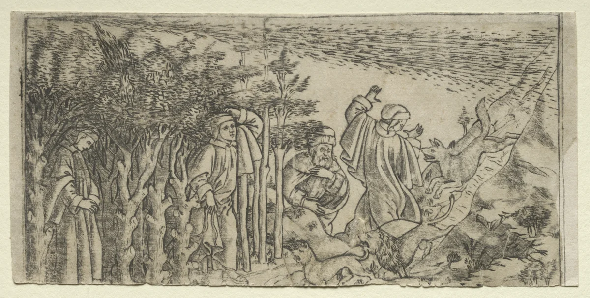 Dante Lost in the Wood: Escaping and Meeting Virgil, Canto I by Baccio Baldini, print, 1481