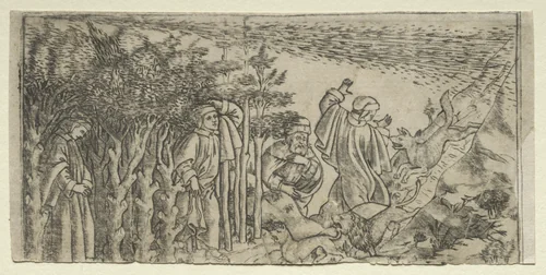 Dante Lost in the Wood: Escaping and Meeting Virgil, Canto I by Baccio Baldini, print, 1481