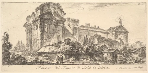 Plate 22: Rear View of the Temple of Pola in Istria. 1. Rear View of another temple. (Rovescio del Tempio di Pola di Istria. 1. Rovescio di un Altro Tempio.), from "Alcune Vedute di Archi Trionfali ed altri monumenti inalzati da Romani parte di quali se veggono in Roma e parte per l'Italia" (Some Views of Triumphal Arches and other monuments erected by the Romans, some of which are in Rome and some elsewhere in Italy) by Giovanni Battista Piranesi, print, 1743-1753