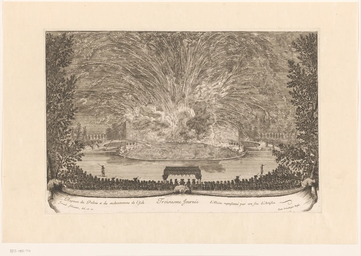 Einde van de feestelijkheden op Versailles met vuurwerkspektakel by anonymous, print, 1664