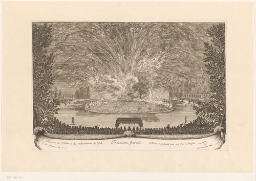 Einde van de feestelijkheden op Versailles met vuurwerkspektakel by anonymous, print, 1664