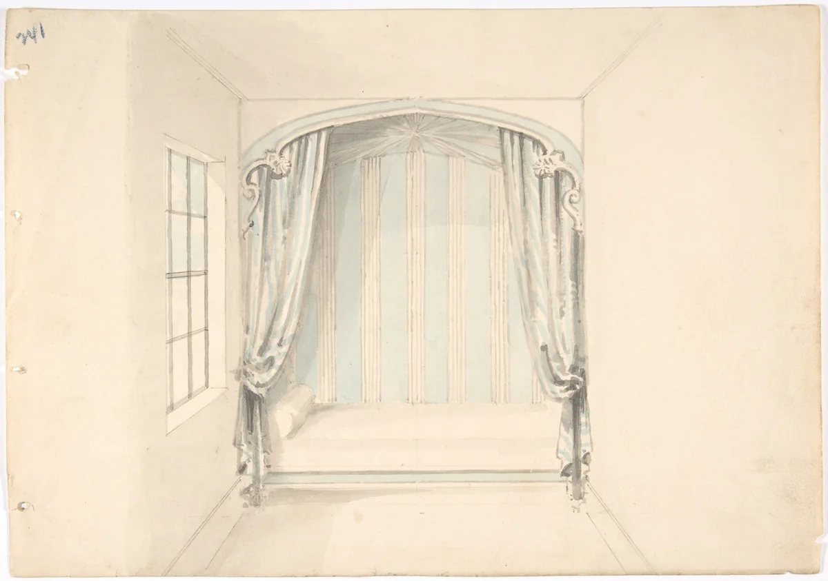 Design for a Canopied Bed with Pale Blue and White Hangings by anonymous, drawing, 1800-1850