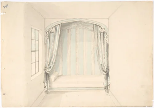 Design for a Canopied Bed with Pale Blue and White Hangings by anonymous, drawing, 1800-1850