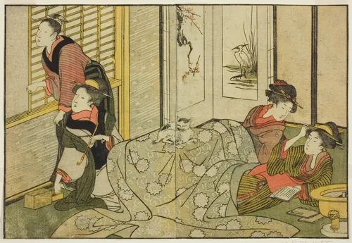 Interior Scene on a Snowy Day, from the illustrated book "Picture Book: Flowers of the Four Seasons (Ehon shiki no hana)," vol. 2 by Kitagawa Utamaro (喜多川歌麿), print, 1801