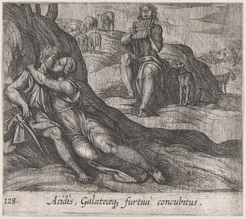 Plate 128: Galatea and Acis Embracing, while Polyphemus Sings for Galatea (Acidis, Galateaeq, furtivi concubitus), from Ovid's 'Metamorphoses' by Antonio Tempesta, print, 1606