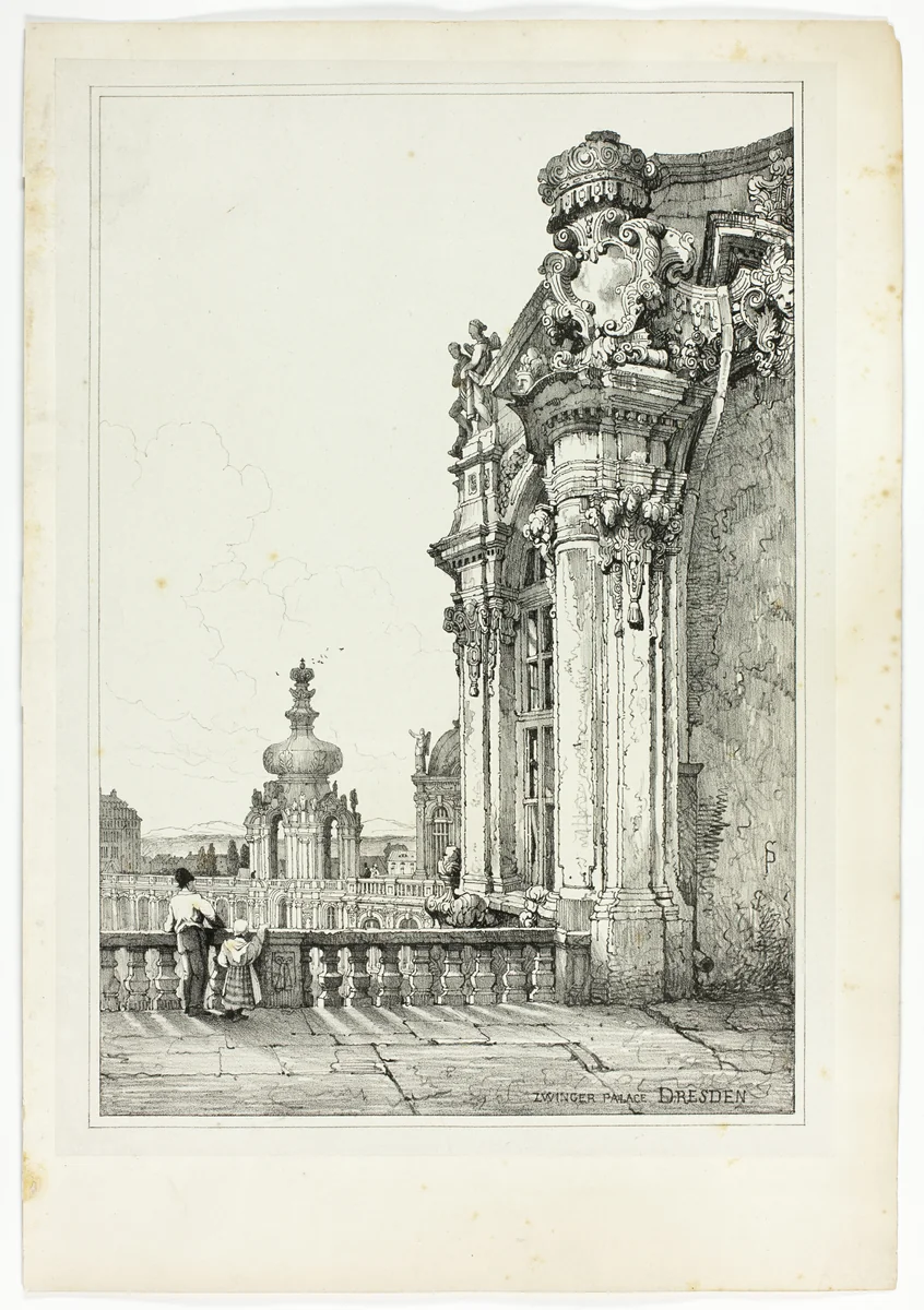 Zwinger Palace, Dresden, from Facsimiles of Sketches made in Flanders and Germany by Samuel Prout, print, 1833