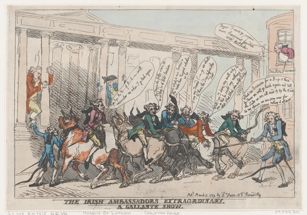 The Irish Ambassadors Extraordinary, A Gallante Show by Thomas Rowlandson, print, 1789