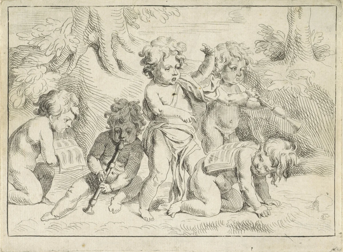 Vijf musicerende kinderen by Michiel Frans van der Voort, print, 1737-1777