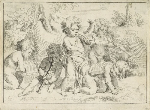 Vijf musicerende kinderen by Michiel Frans van der Voort, print, 1737-1777