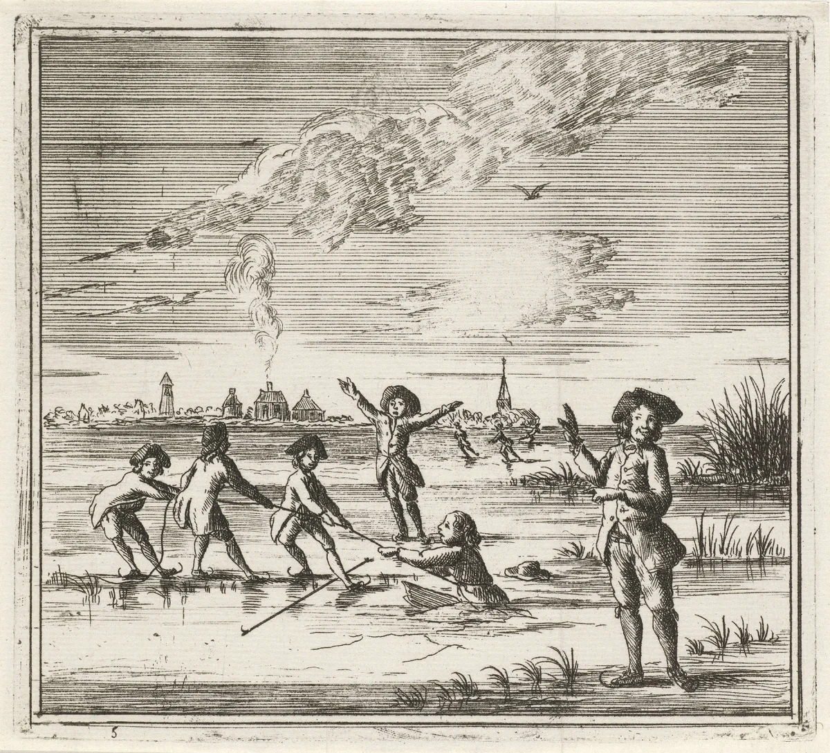 Vrouw zakt door ijs by Rienk Jelgerhuis, print, 1765