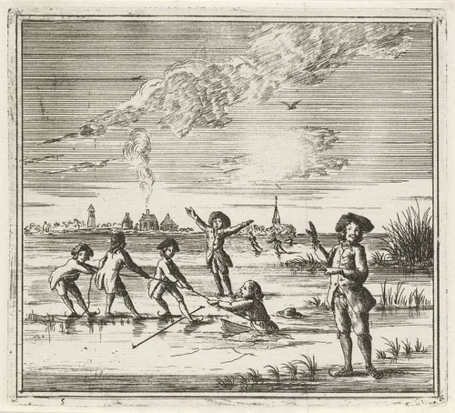 Vrouw zakt door ijs by Rienk Jelgerhuis, print, 1765