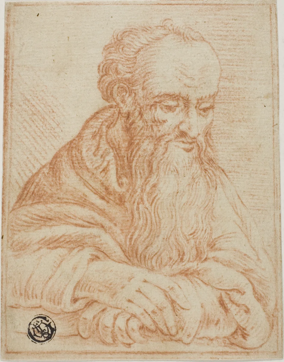 Half-Length Sketch of Bearded Man Leaning on Sill or Table by Unknown Artist, drawing, 1600-1699