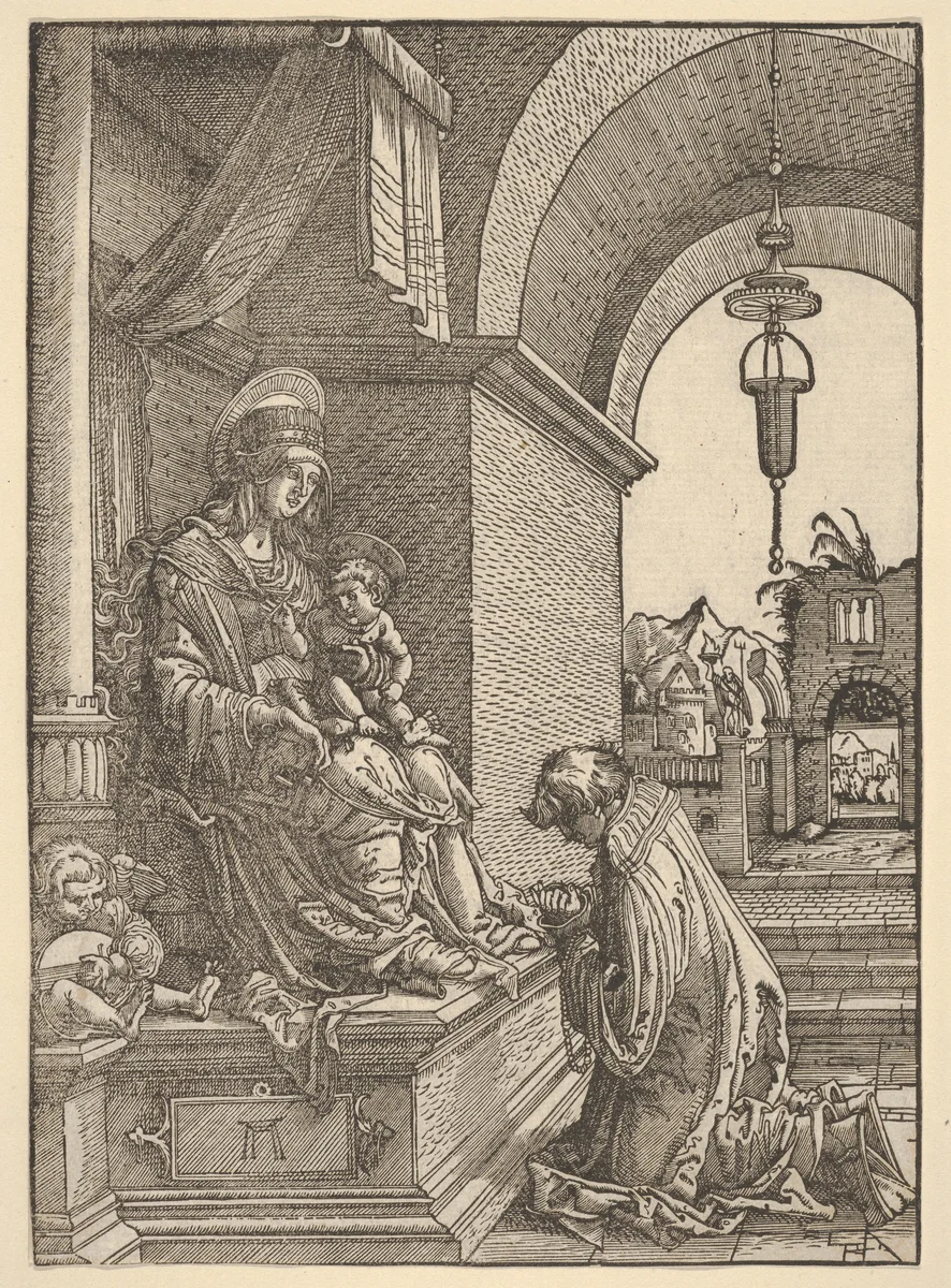 A Cleric Kneeling Before the Virgin and Christ Child by Albrecht Altdorfer, print, 1500-1538