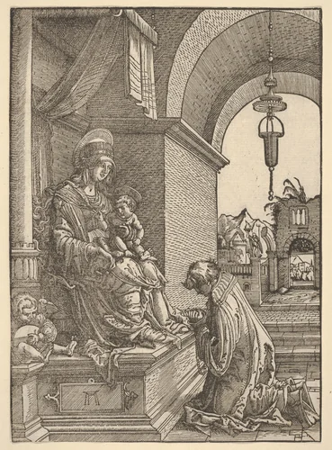 A Cleric Kneeling Before the Virgin and Christ Child by Albrecht Altdorfer, print, 1500-1538