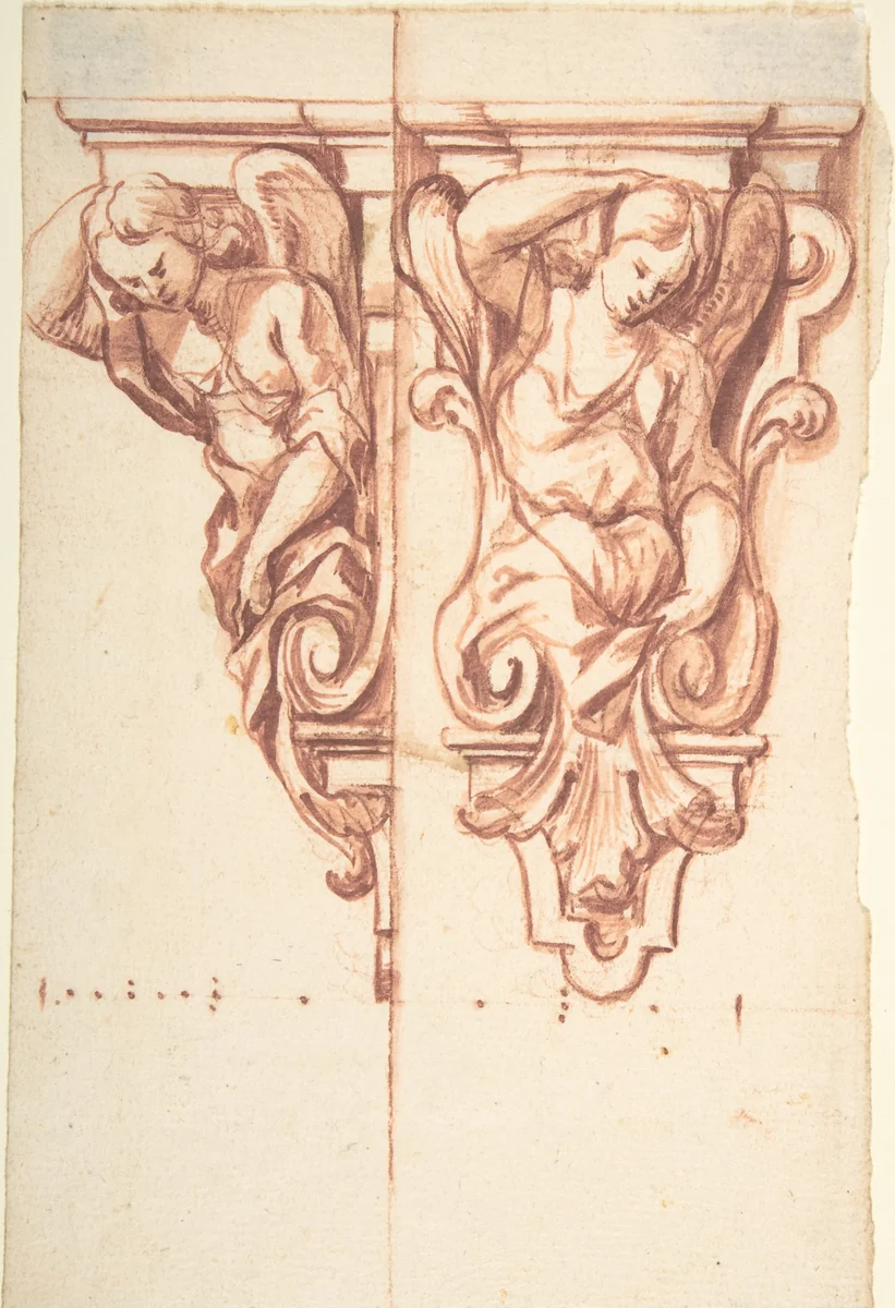 Design for sculpted angeli by anonymous, drawing, 1700-1780