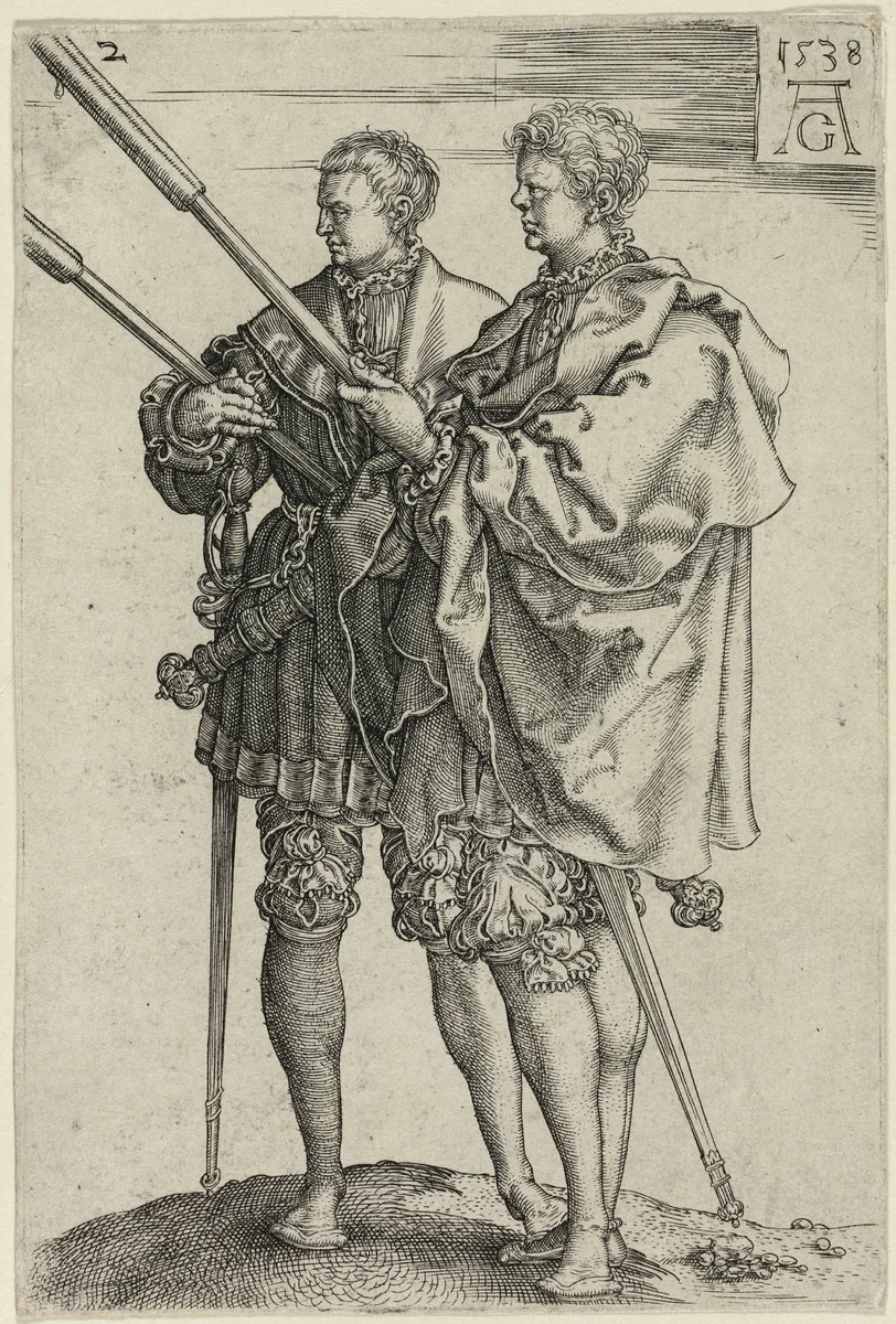 Two Torch-Bearers, plate two from The Large Wedding-Dancers by Heinrich Aldegrever, print, 1538