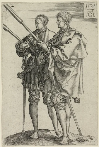 Two Torch-Bearers, plate two from The Large Wedding-Dancers by Heinrich Aldegrever, print, 1538