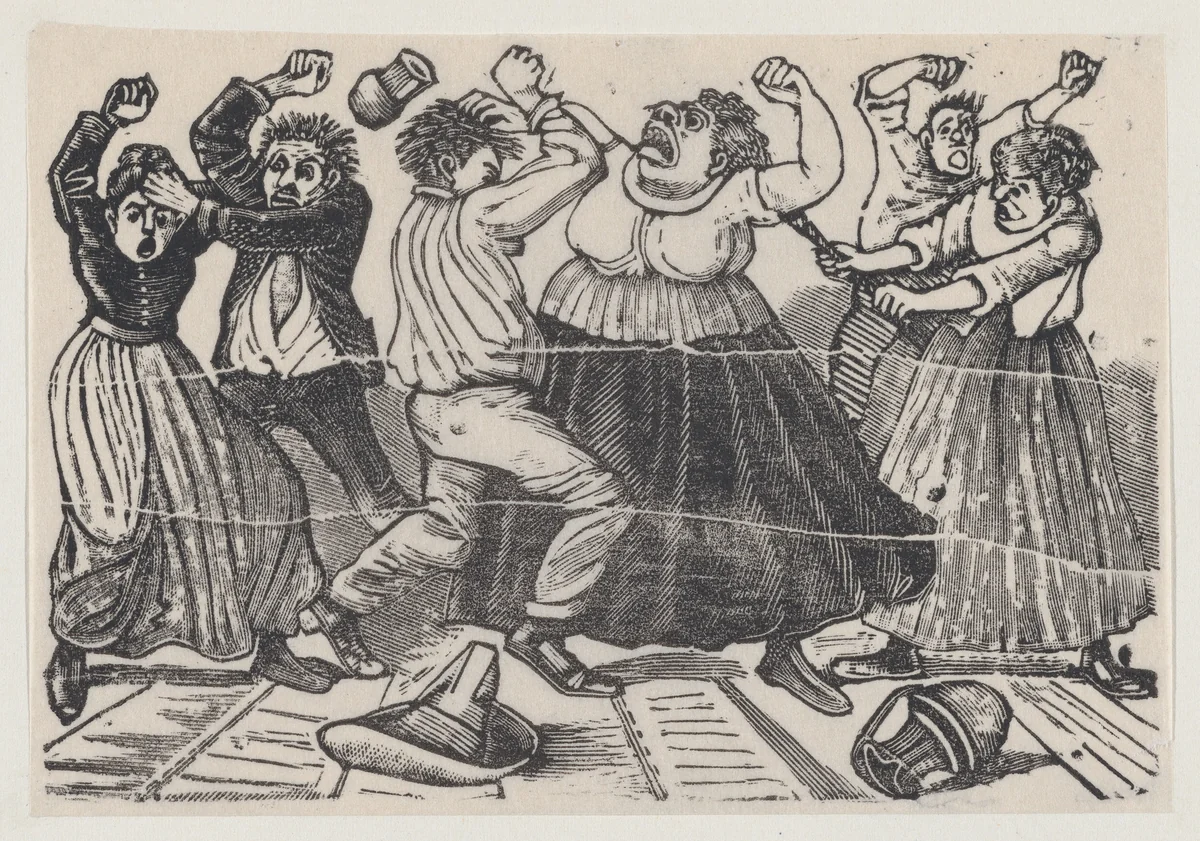 Fight between mothers-in-law from a broadside entitled 'Pleito de suegras' by José Guadalupe Posada, print, 1875-1885